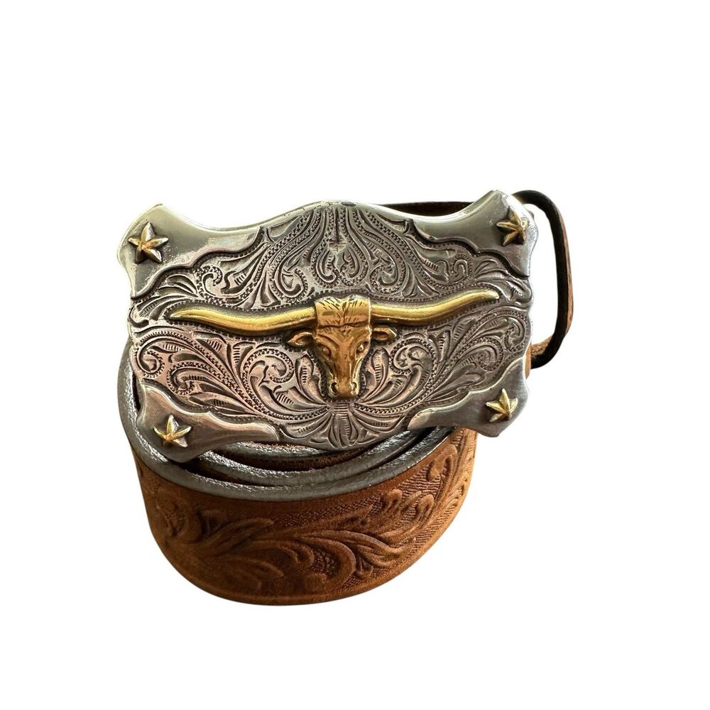 Tony Lama Belt Brown Sz 28 Boy’s Little Texas Longhorn Emblem Western Cowboy